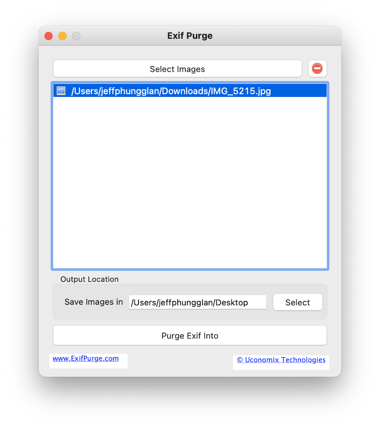 Окно EXIFPurge на Mac с добавленным изображением и выбранной папкой сохранения