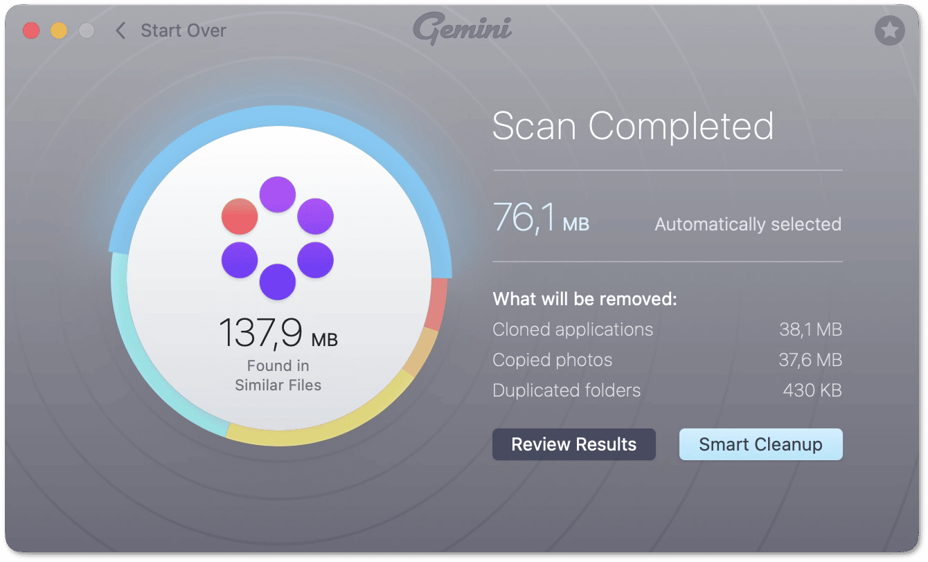 Экран Scan Completed с кнопками Review Results и Smart Cleanup
