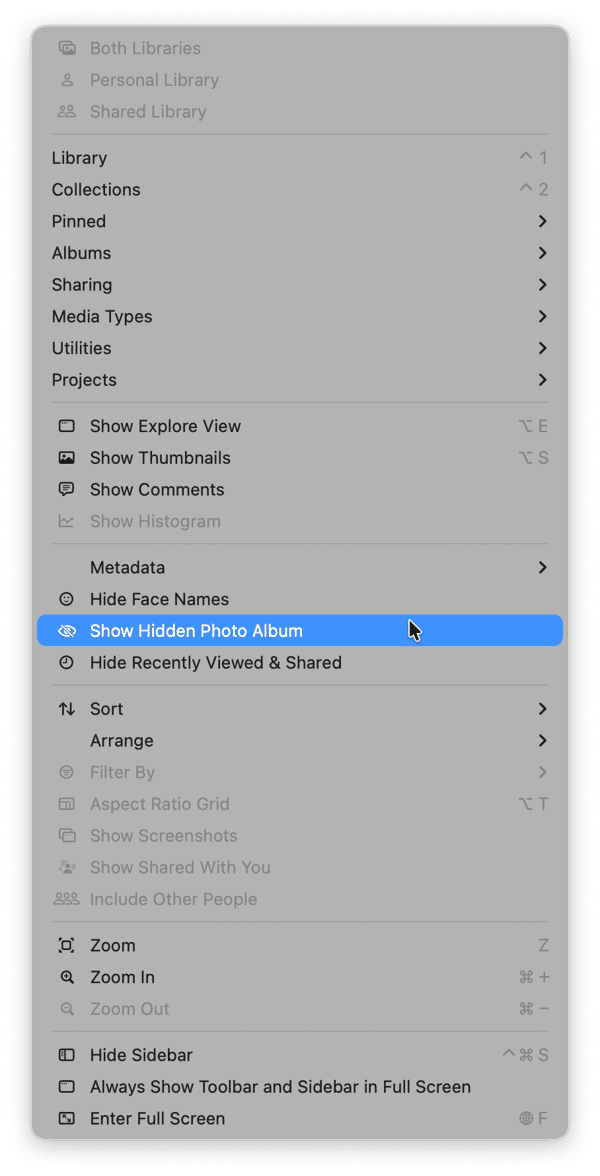 Click on the View menu and choose Show Hidden Photo Album