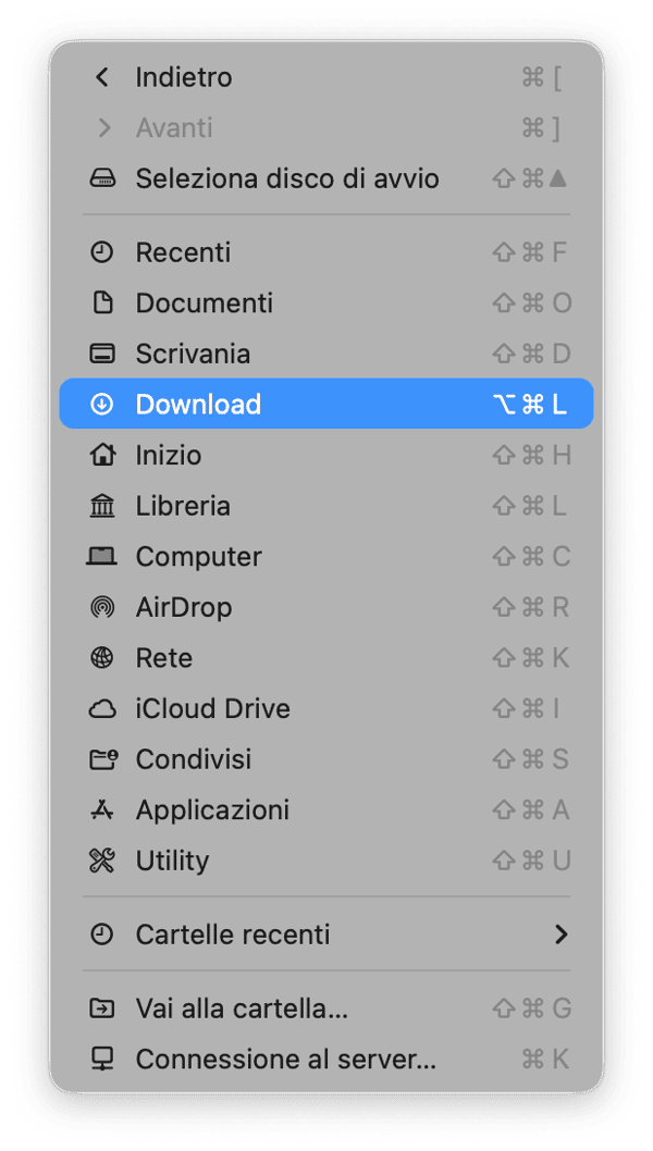 Nel Finder, clicca su Vai > Download
