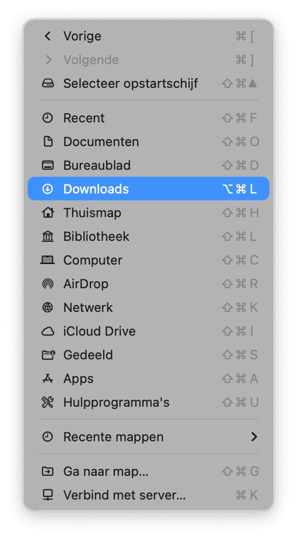 Klik in de Finder op Ga > Downloads