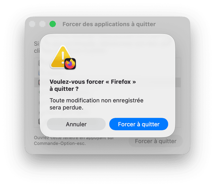 S&eacute;lectionnez le navigateur qui affiche la fen&ecirc;tre pop-up, et cliquez sur Forcer &agrave; quitter