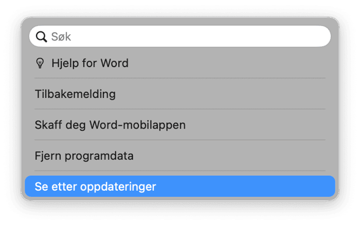 klikk p&aring; navnet i menylinjen, og velg Se etter oppdateringer