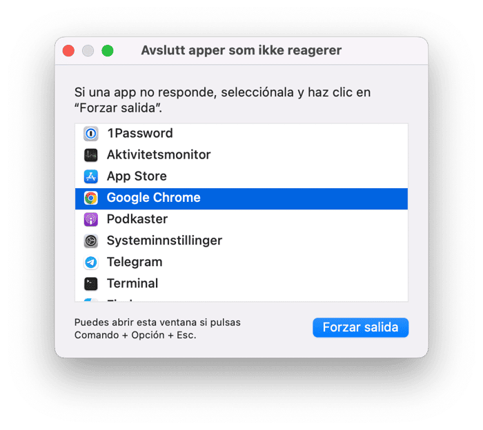 Velg appen du vil avslutte, og klikk p&aring; Tving avslutning
