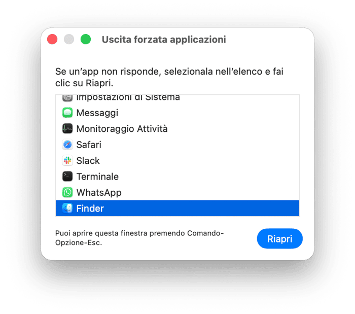 remi Comando + Opzione + Esc, scegli Finder nell'elenco delle app e clicca Riapri