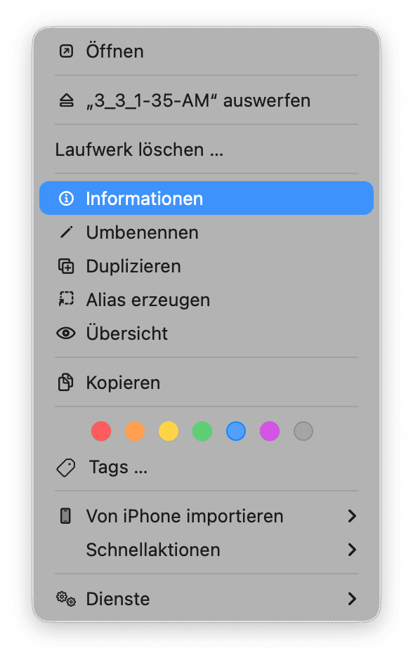 Klicken Sie mit der rechten Maustaste auf das Laufwerk im Finder oder auf dem Schreibtisch. W&auml;hlen Sie dann &bdquo;Informationen&ldquo;