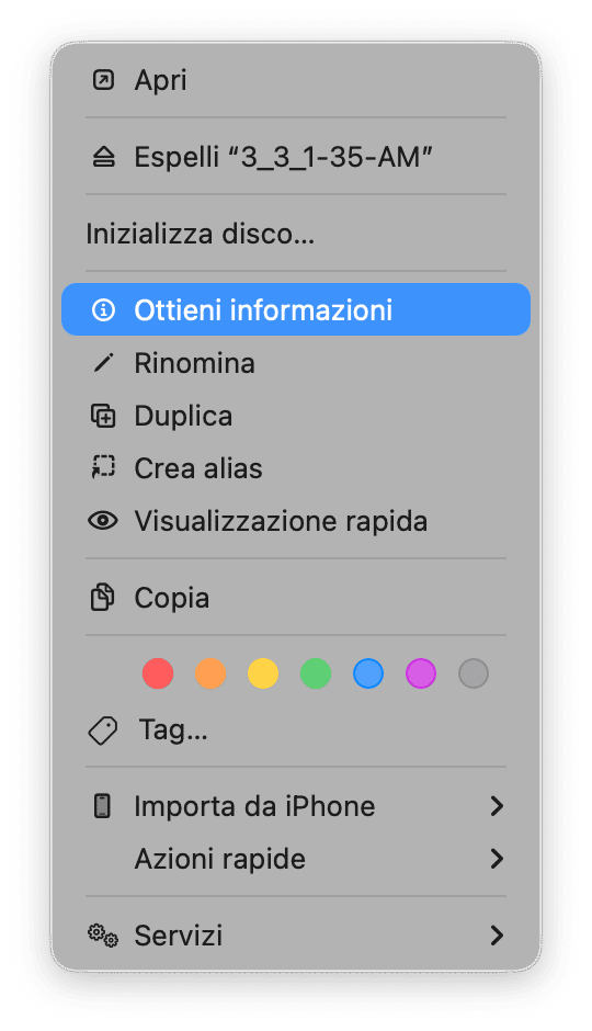 Fai clic destro sul disco nel Finder oppure sulla Scrivania e scegli Ottieni informazioni