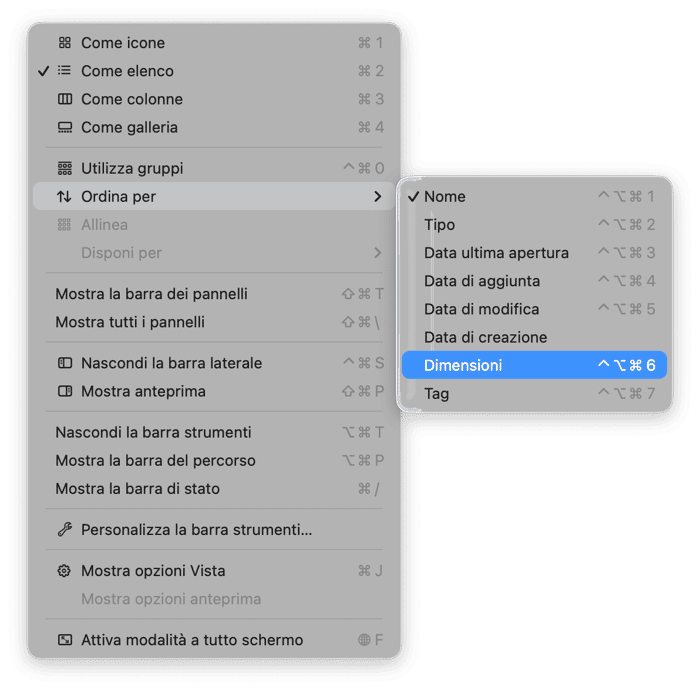 nel menu Vista, clicca Ordina per e scegli Dimensioni