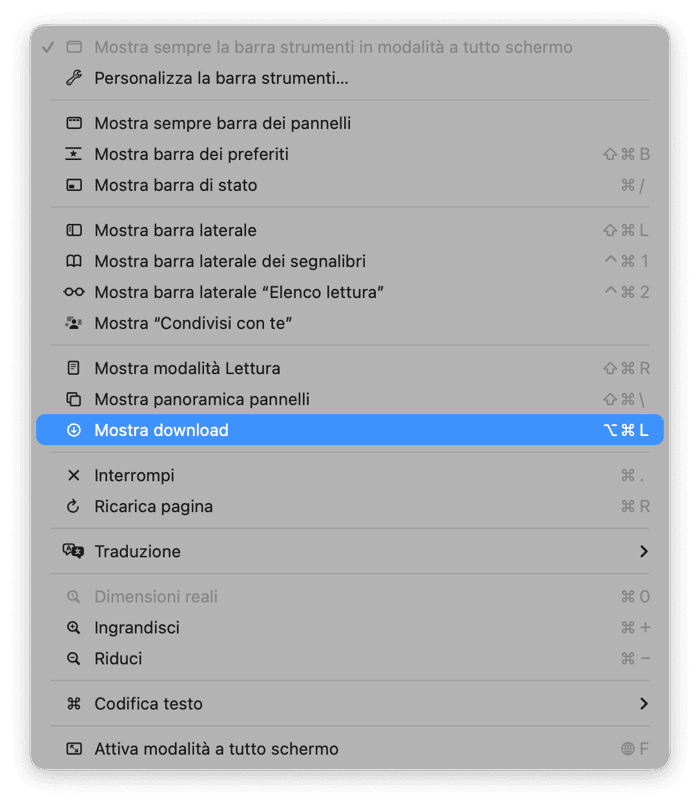 Fai clic su Vista nella barra dei menu e seleziona Mostra download