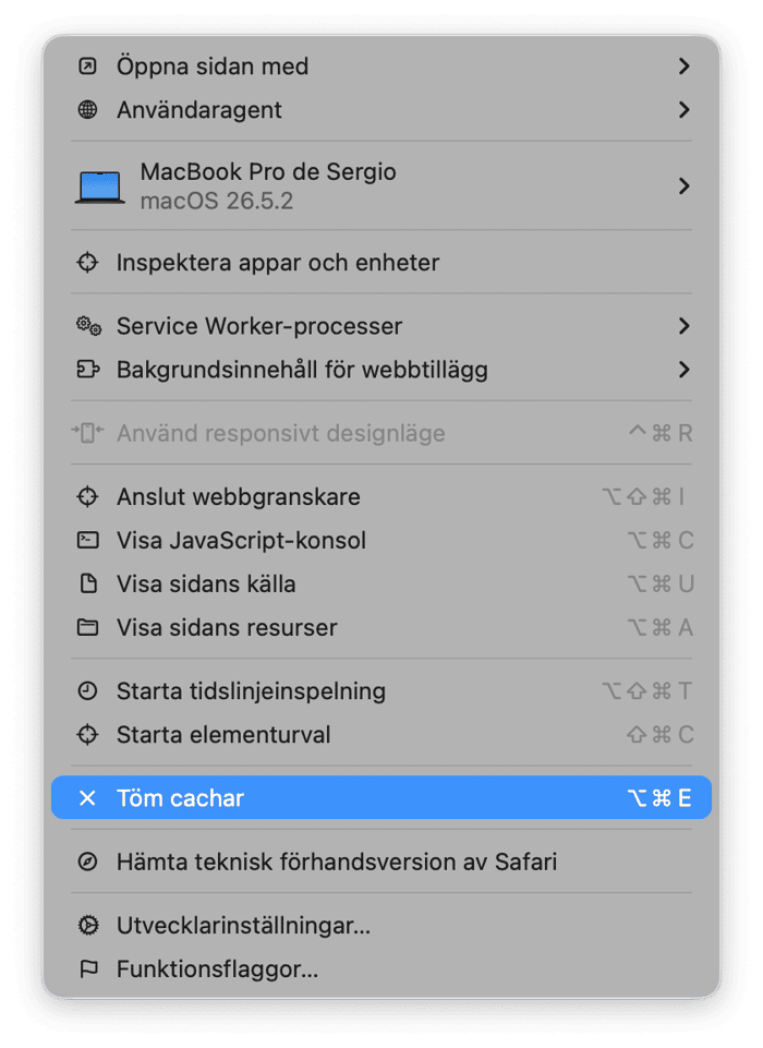 &Ouml;ppna menyn Utvecklare och v&auml;lj sedan T&ouml;m cachar