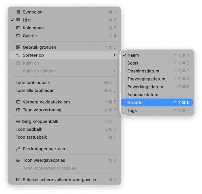 Klik in het Weergave-menu op 'Groepeer op' en kies 'Grootte'