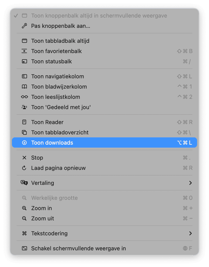 Klik in de menubalk op 'Bekijk' en selecteer hier 'Toon downloads'