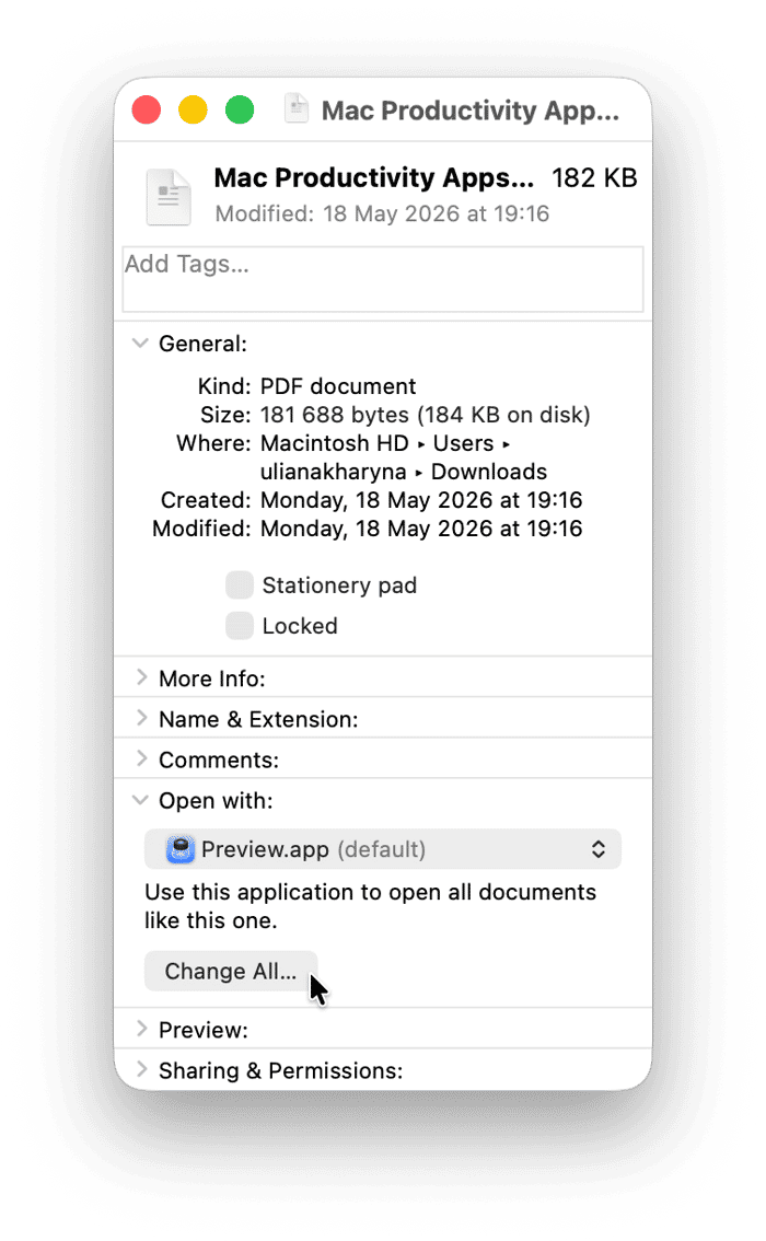 How to make Preview default on Mac for PDF files