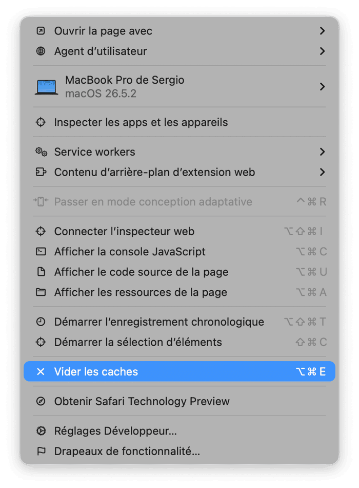 S&eacute;lectionnez Vider les caches