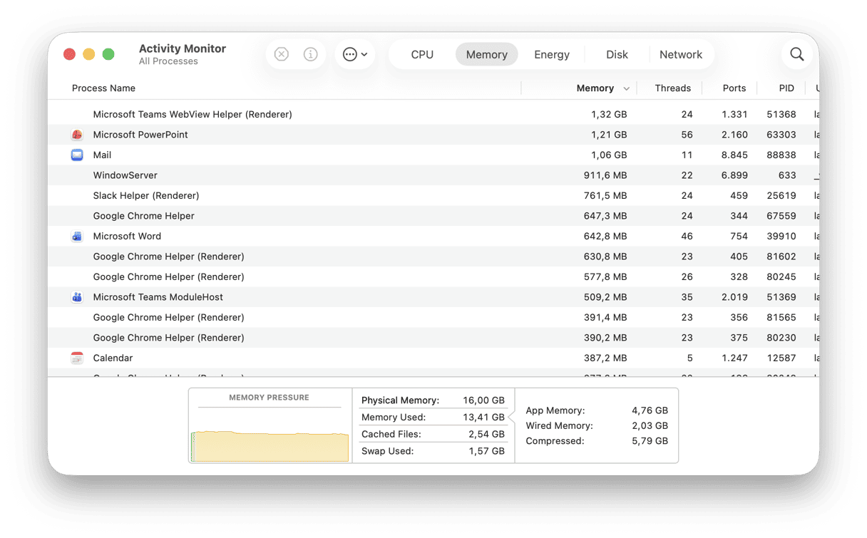 Memory tab and Memory Pressure graph in Activity Monitor on Mac