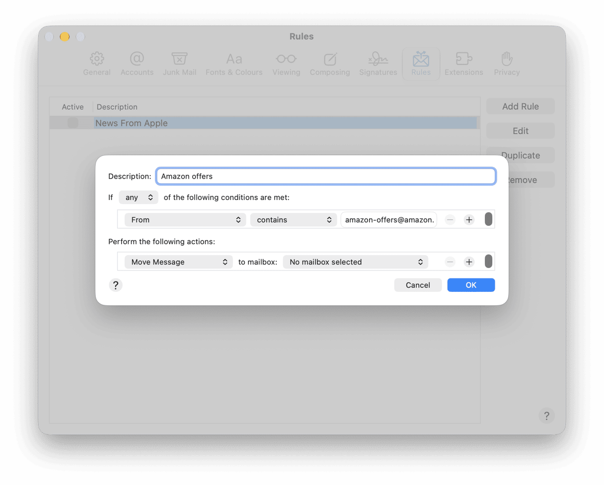 Adding a rule in Apple Mail settings