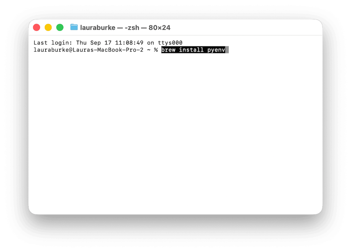 Terminal window with the brew install pyenv command