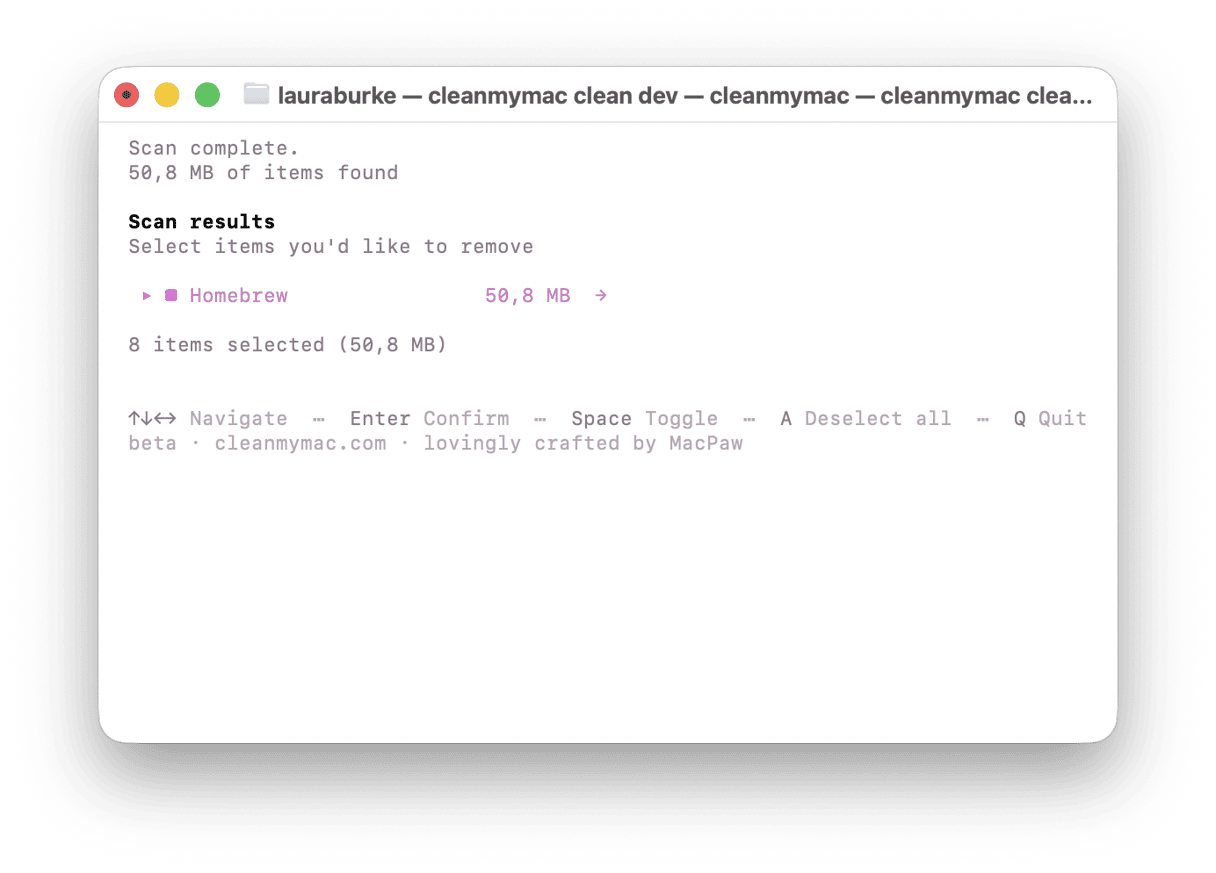 CleanMyMac CLI scan results showing Homebrew caches after cleanmymac clean dev