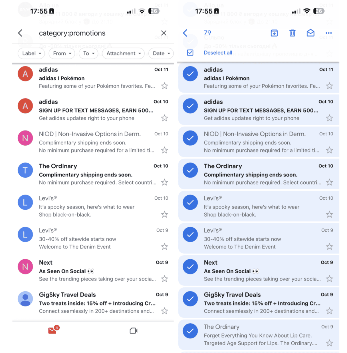 Deleting selected promotional emails in the Gmail app