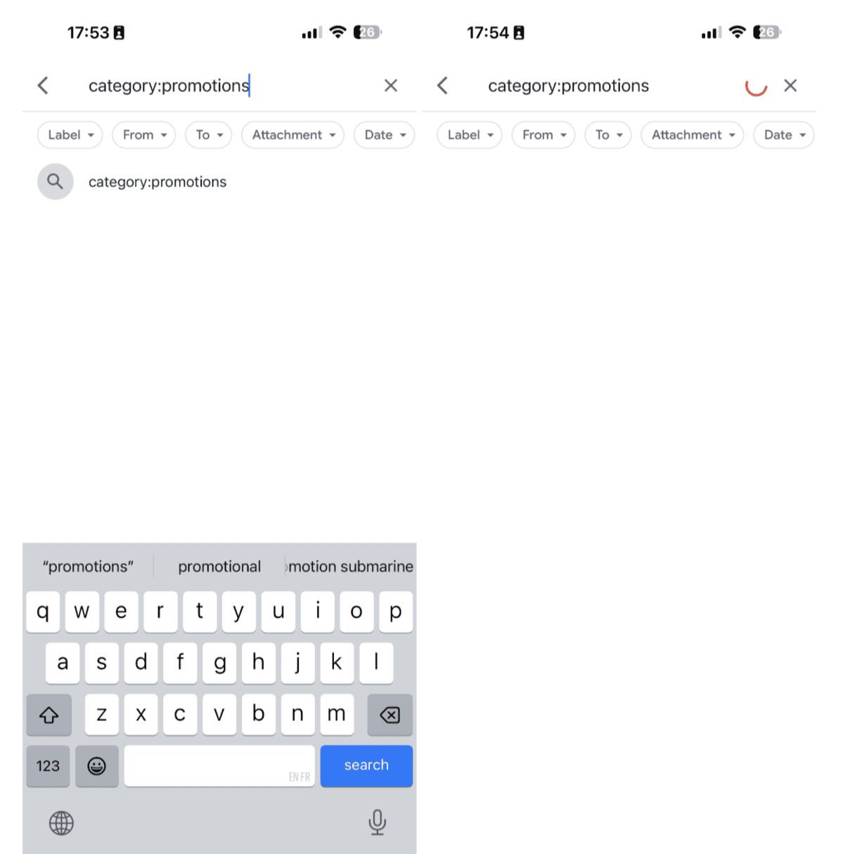 Searching for category:promotions in the Gmail app
