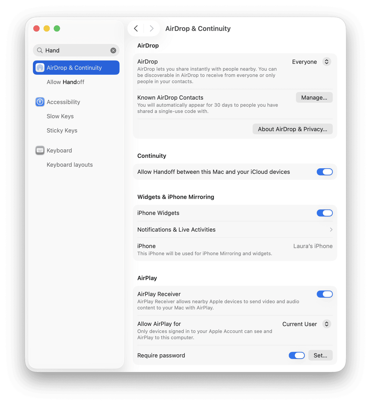 AirDrop & Continuity settings with Handoff enabled on Mac