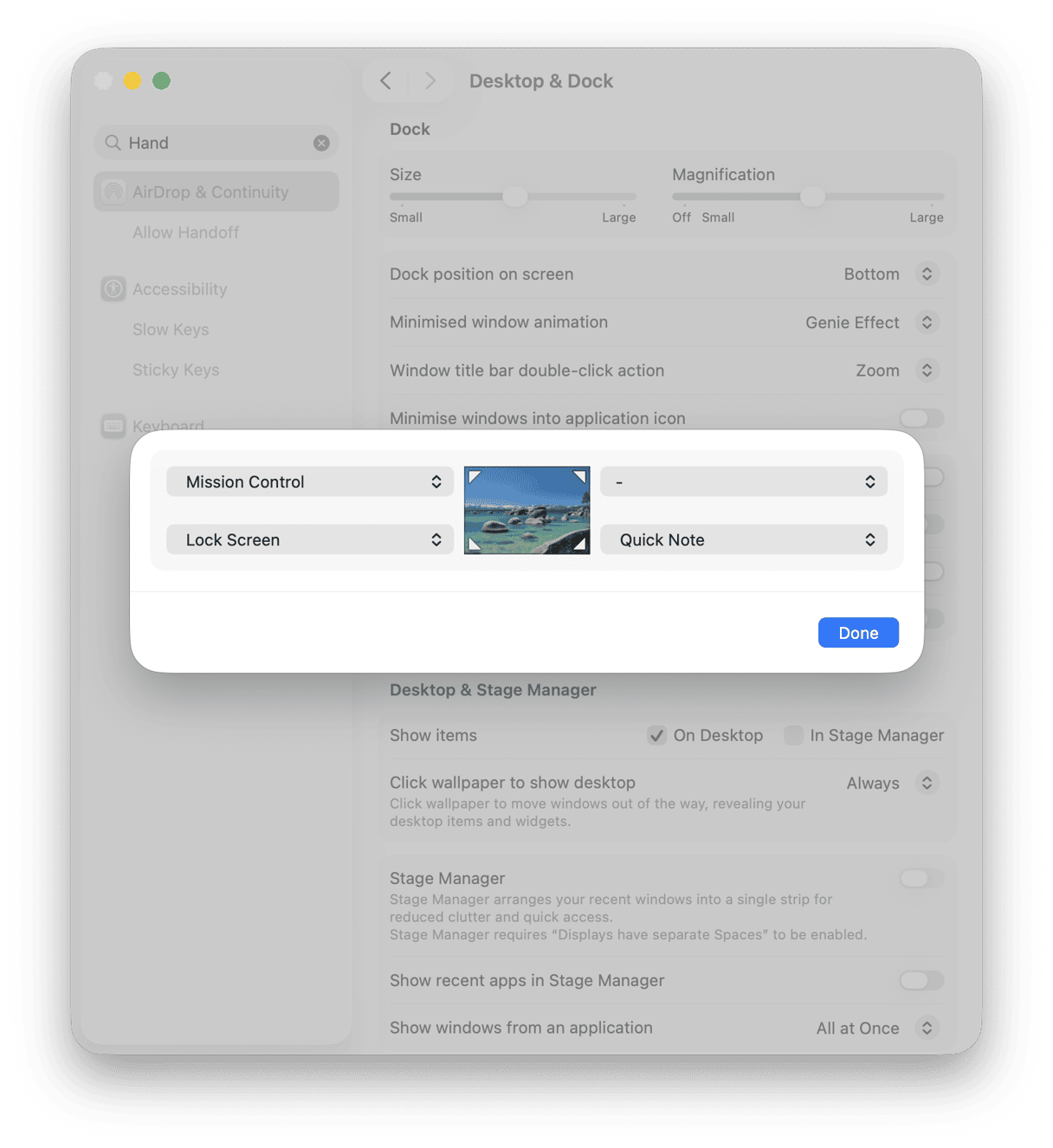 Hot Corners settings in Desktop & Dock on Mac
