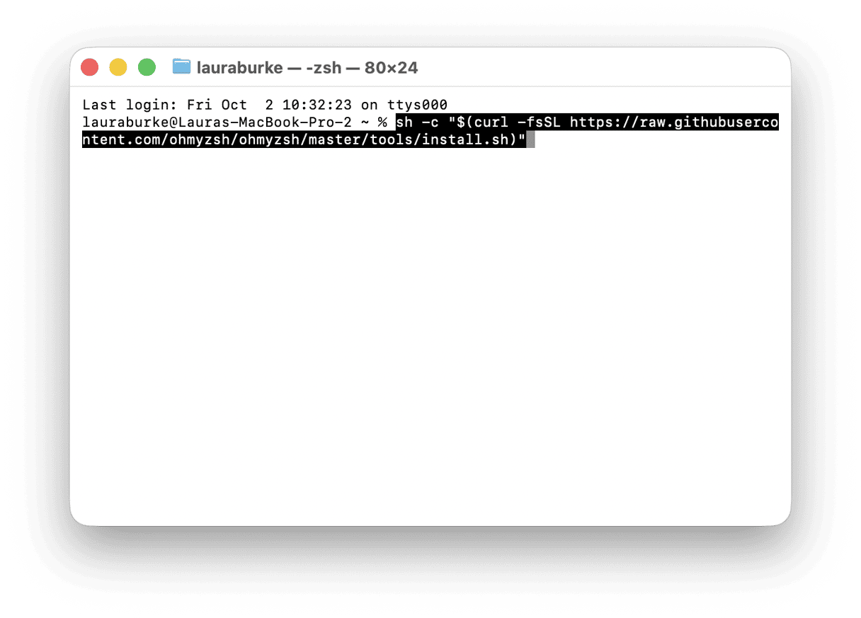 Terminal window with the Oh My Zsh install command