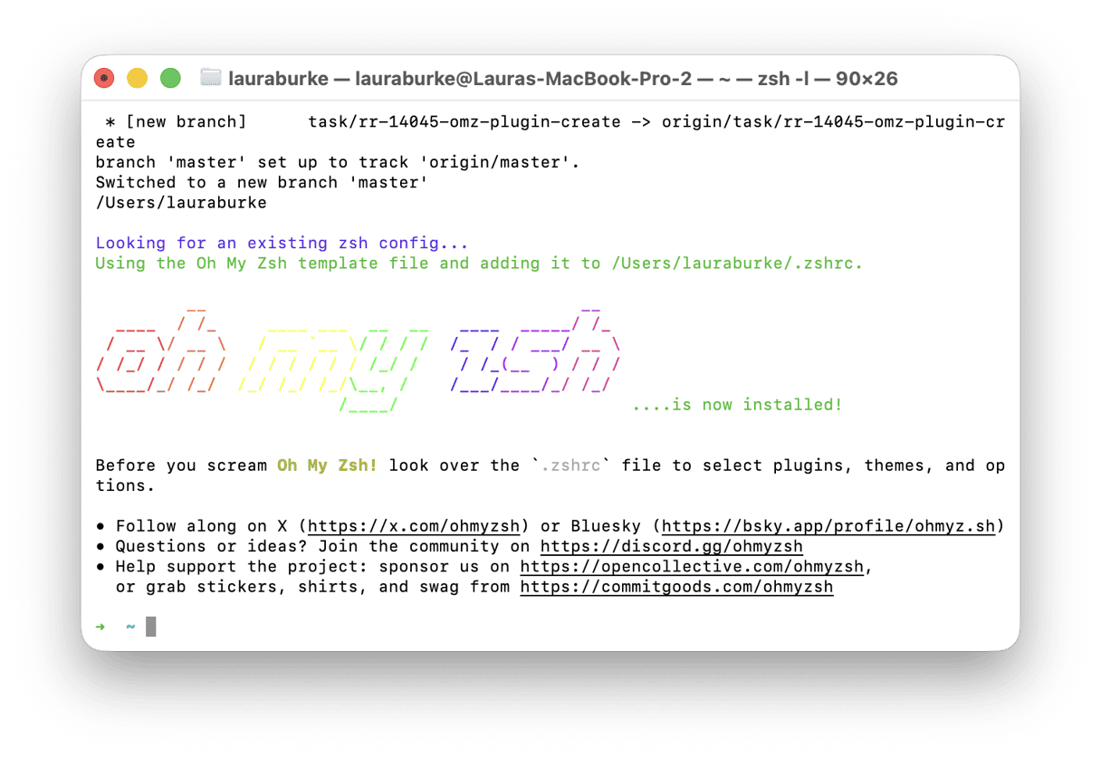 Terminal showing Oh My Zsh is now installed