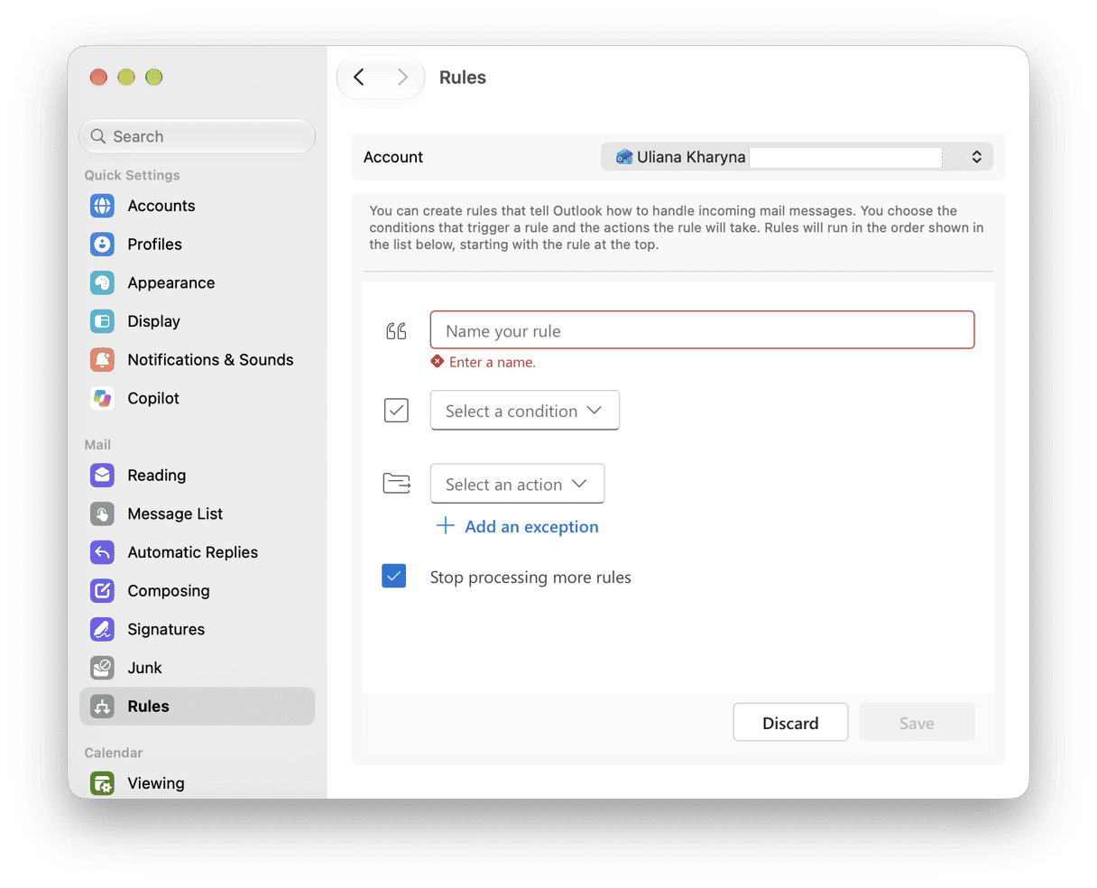 Creating a rule in Outlook for Mac