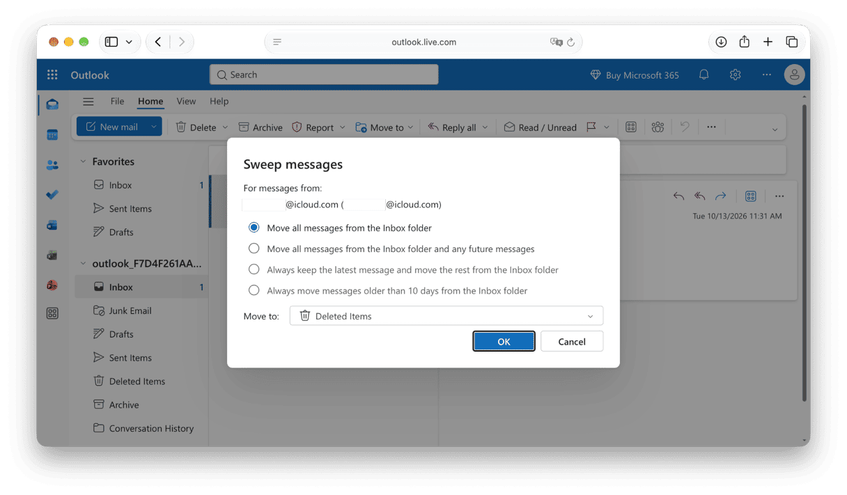 Sweep feature in Outlook on the web