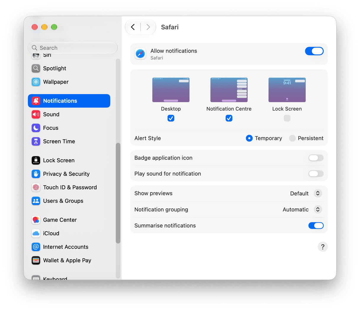 Safari notifications in System Settings on Mac