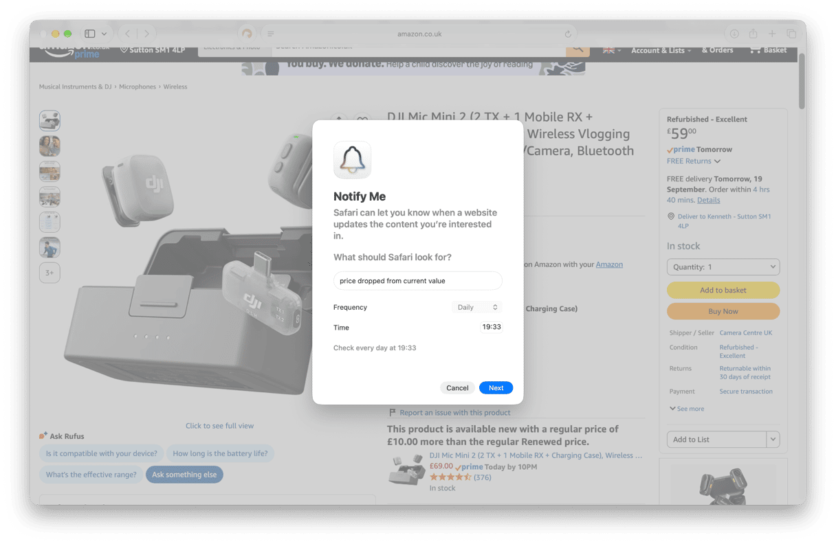 Safari Notify Me schedule confirmation