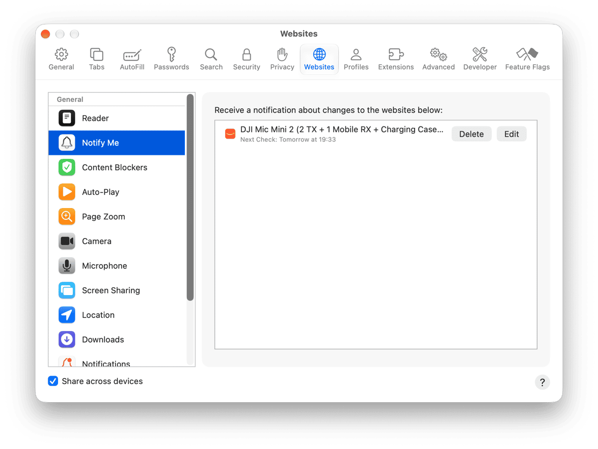 Notify Me section in Safari Settings on Mac