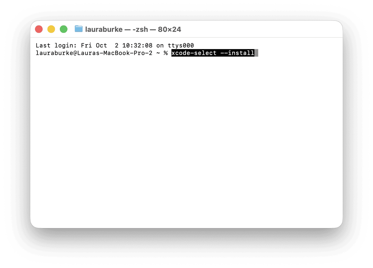 Terminal window with the xcode-select --install command