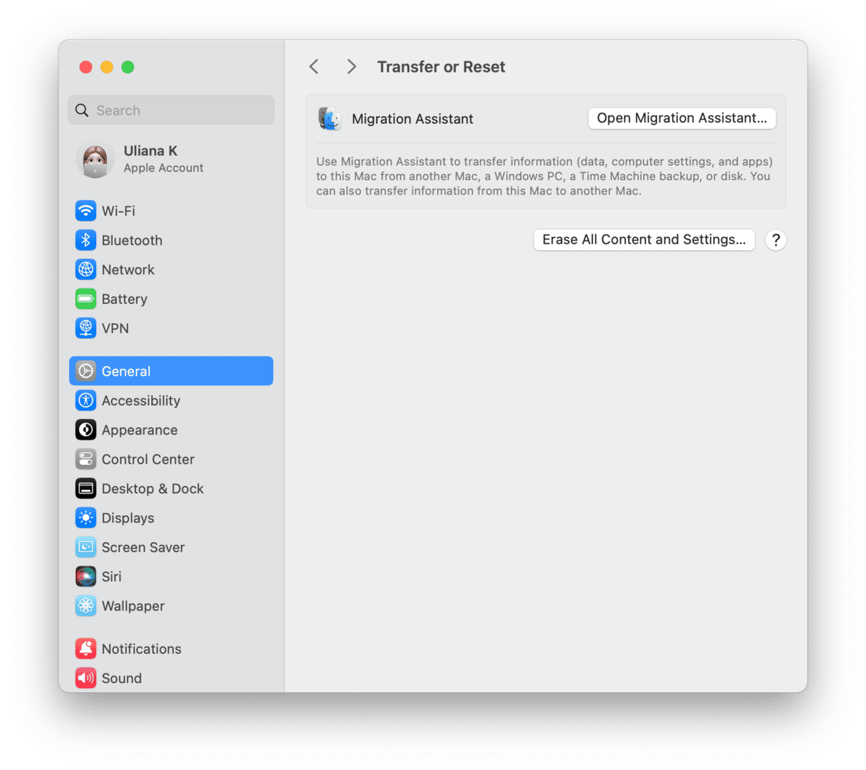 System Preferences - Transfer or Reset