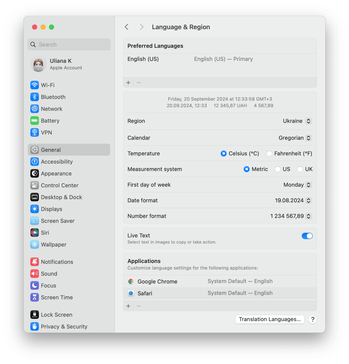 System preferences Language and region