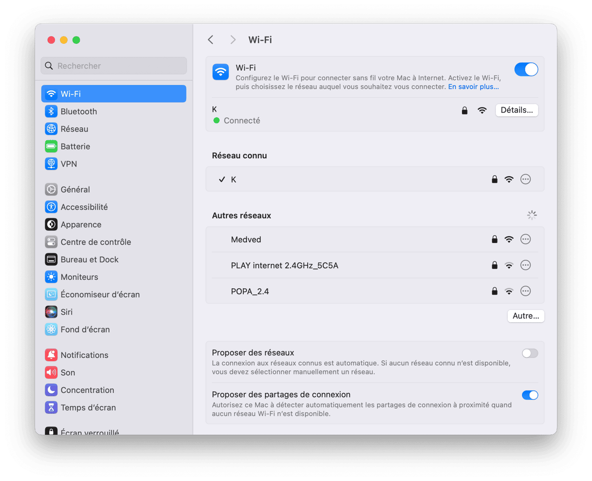 Reglages du systeme Wifi
