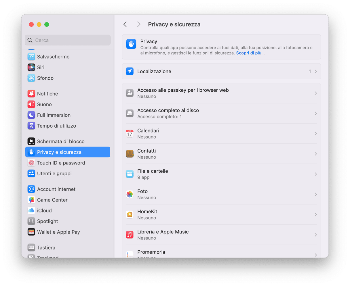 Preferenze di Sistema Privacy e sicurezza