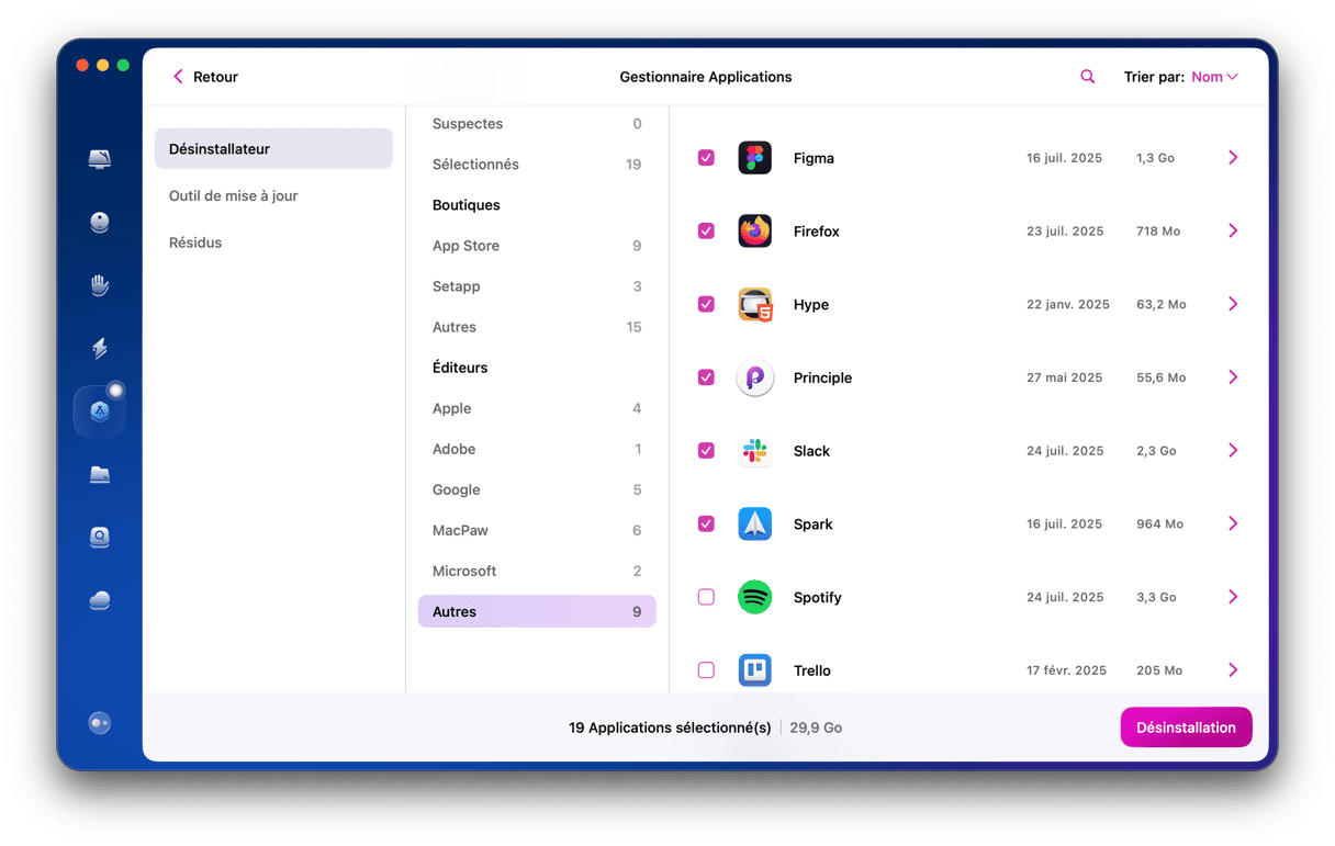 Dans l'onglet D&eacute;sinstallateur, s&eacute;lectionnez l'application qui ne r&eacute;pond pas et toutes celles que vous n'utilisez pas