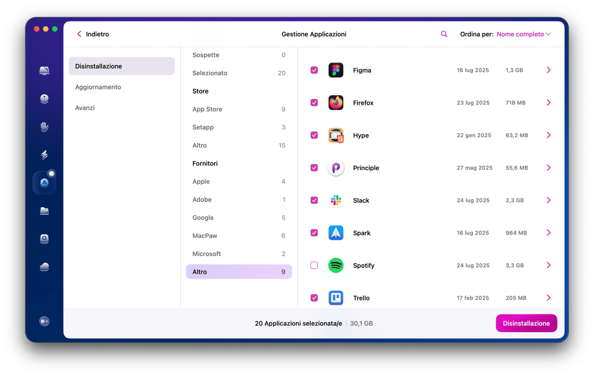 Nella scheda Disinstallazione, seleziona le app che non rispondono e che non usi