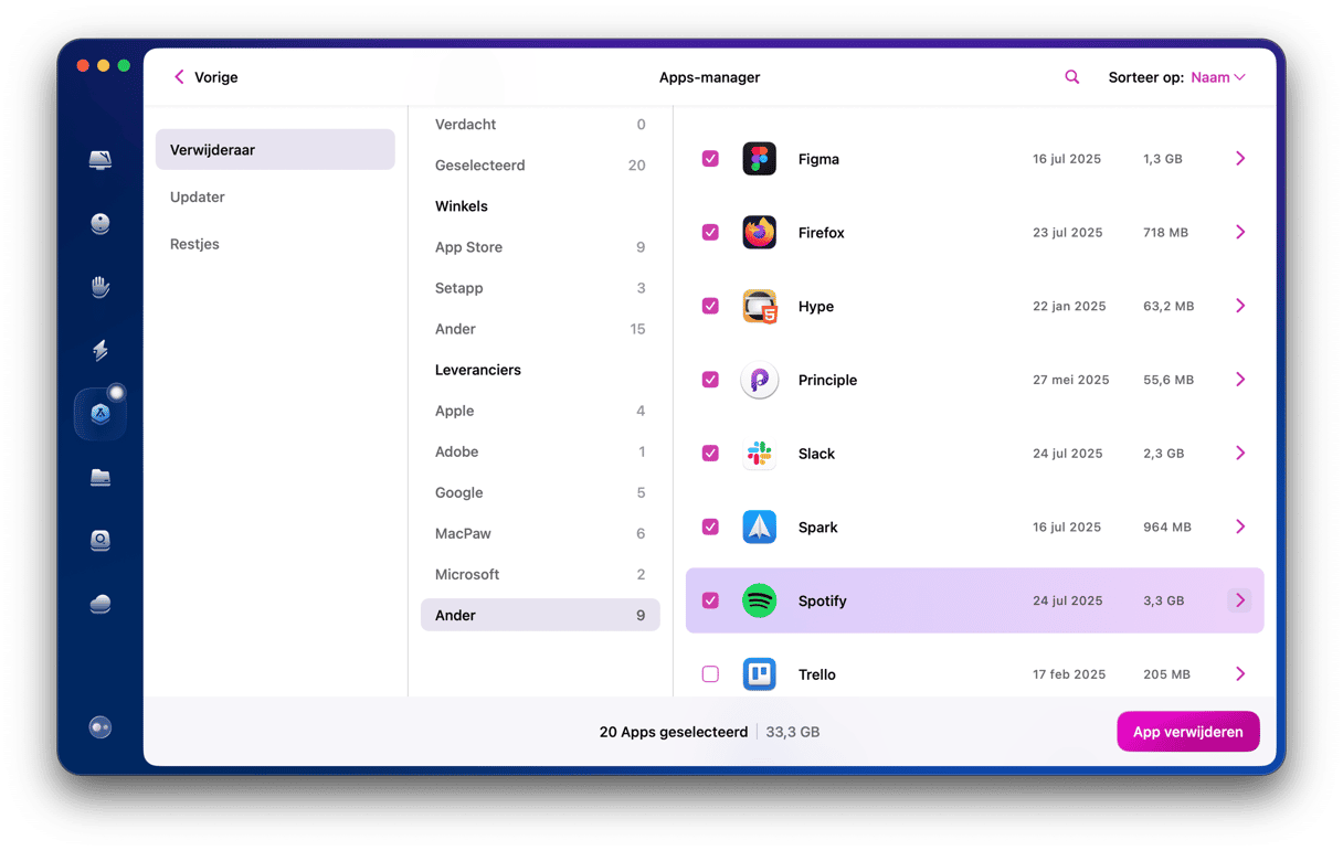 In het tabblad 'Verwijderaar' selecteer je de niet-reagerende app en andere apps die je toch niet gebruikt