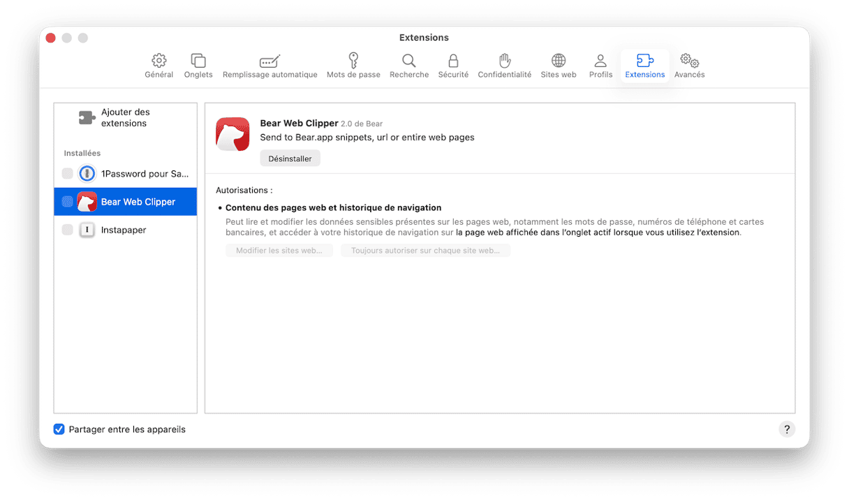 Cliquez ensuite sur l'onglet Extensions et supprimez tout ce que vous ne reconnaissez pas