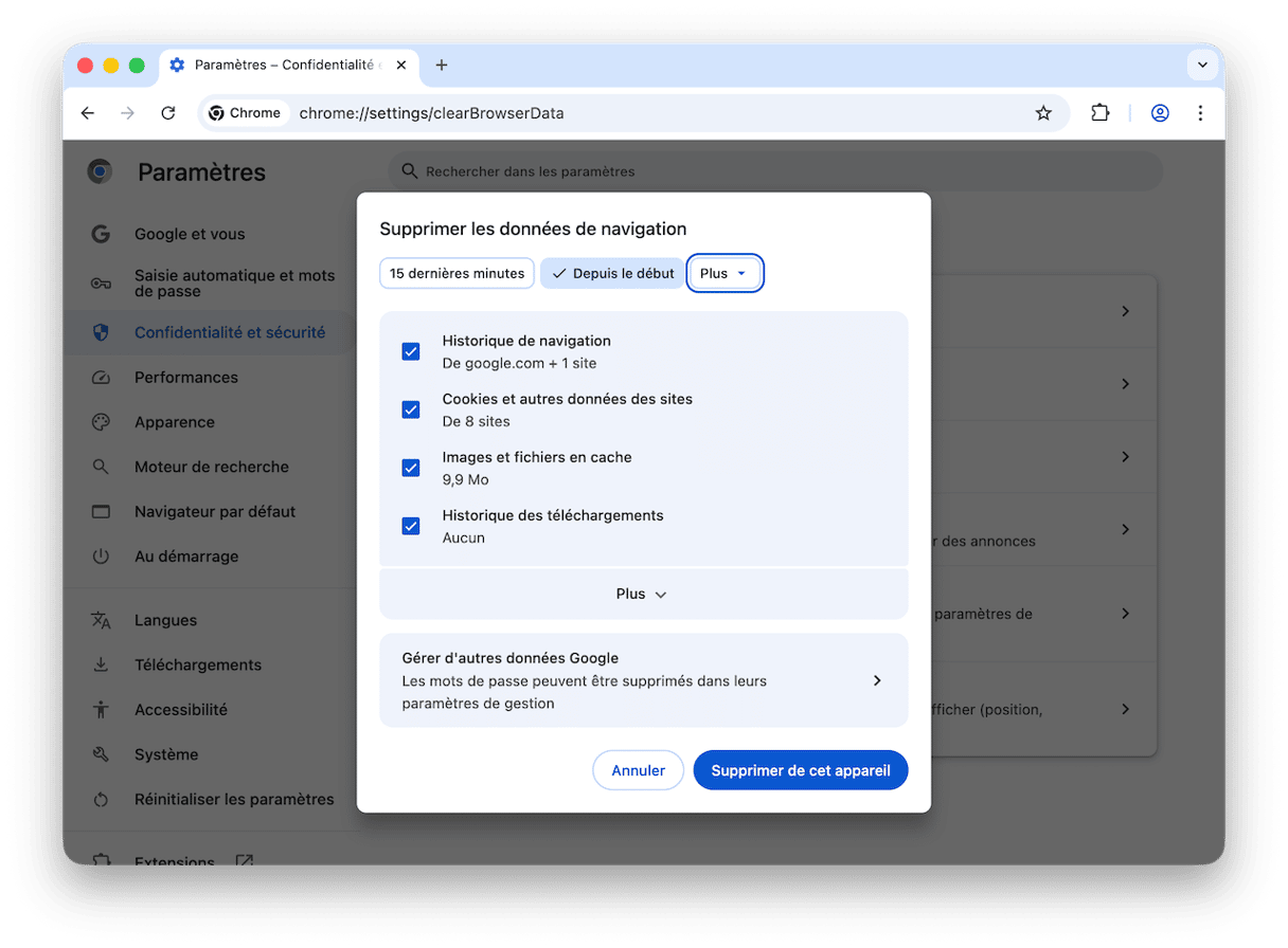Assurez-vous que toutes les cases soient coch&eacute;es et cliquez sur Supprimer les donn&eacute;es
