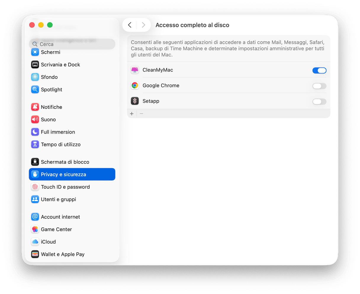 Consenti all'app l'accesso completo al disco