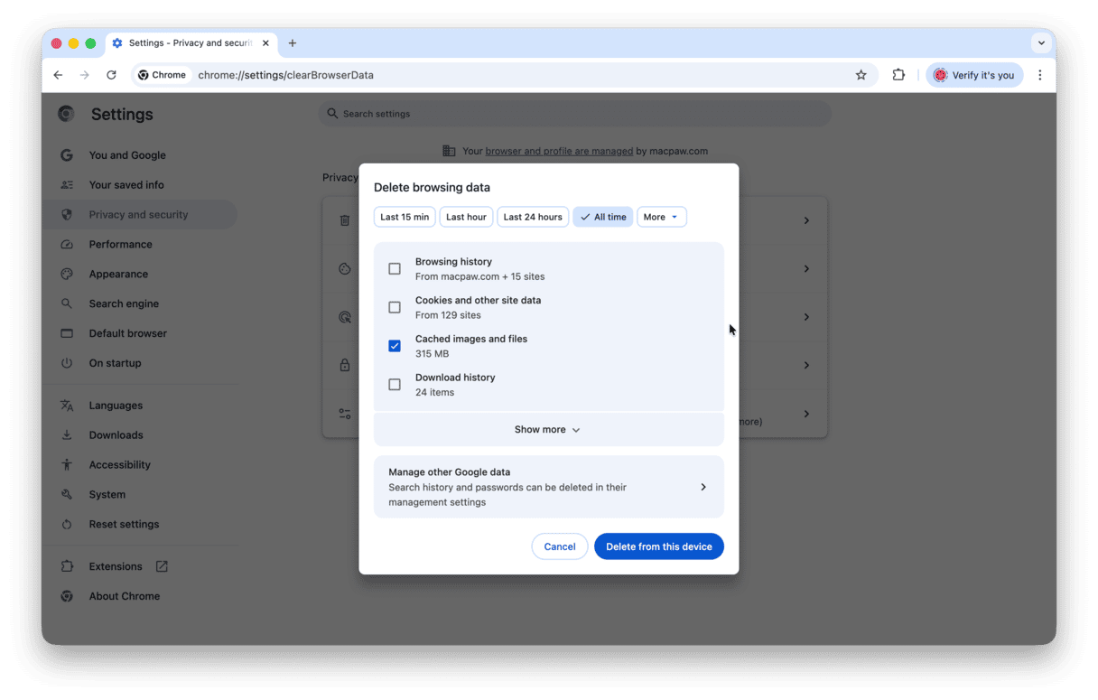 Delete cache in Chrome