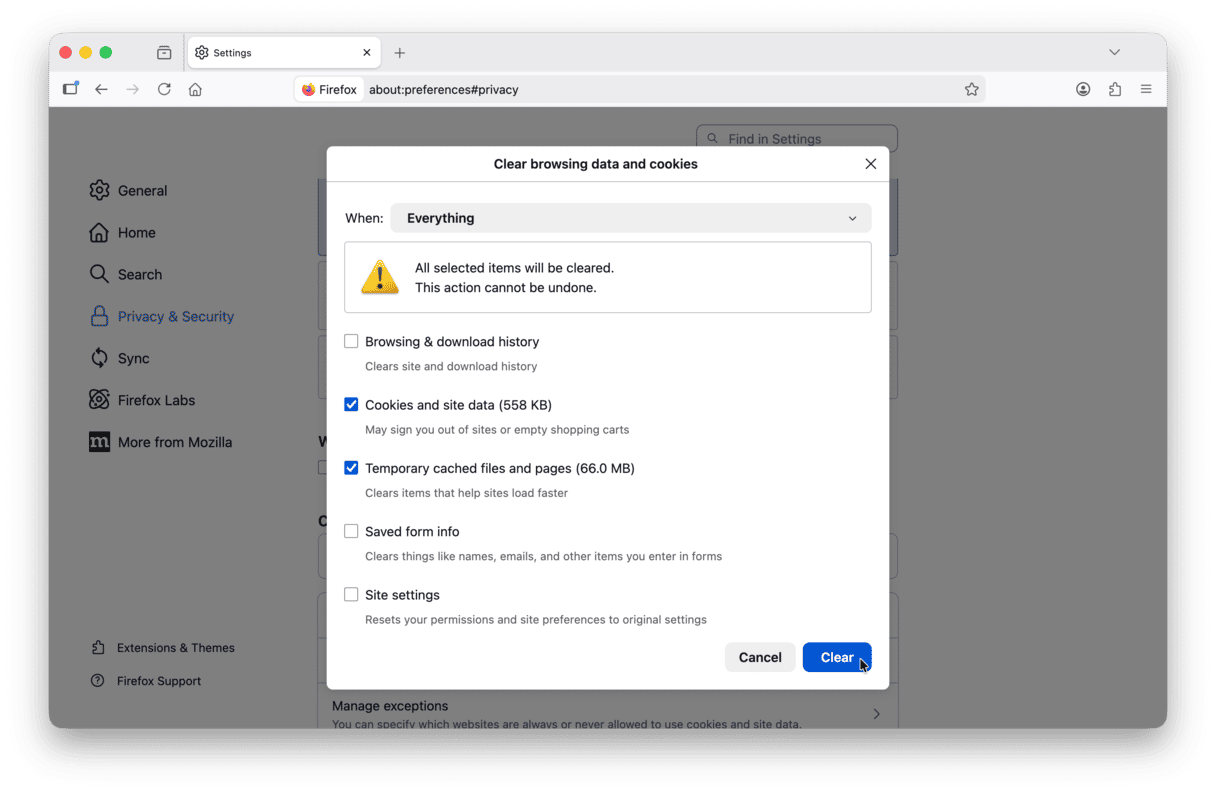 Clearing cache in Mozilla Firefox