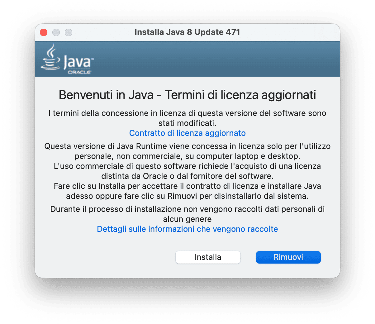 Disinstallazione manuale di Java