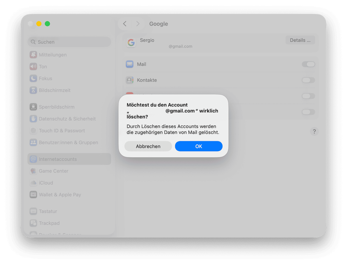 W&auml;hlen Sie Ihr Gmail-Konto aus und klicken Sie auf &bdquo;Account l&ouml;schen&ldquo;