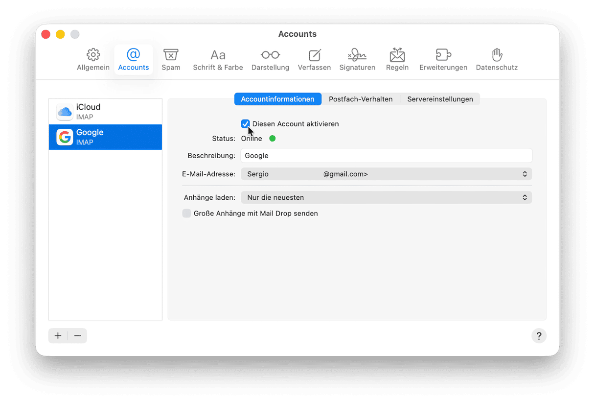Klicken Sie auf Ihr Gmail-Konto und aktivieren Sie das Kontrollk&auml;stchen &bdquo;Diesen Account aktivieren&ldquo;