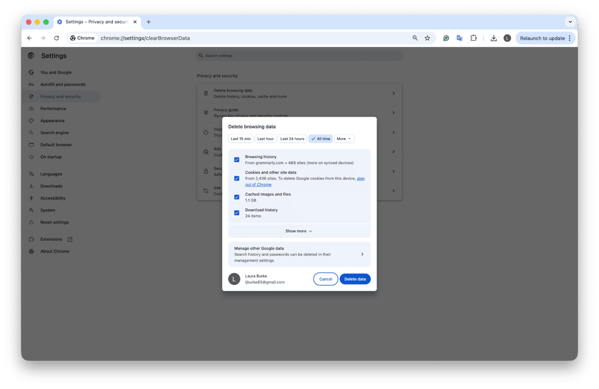 Chrome menu > Settings > Privacy and security